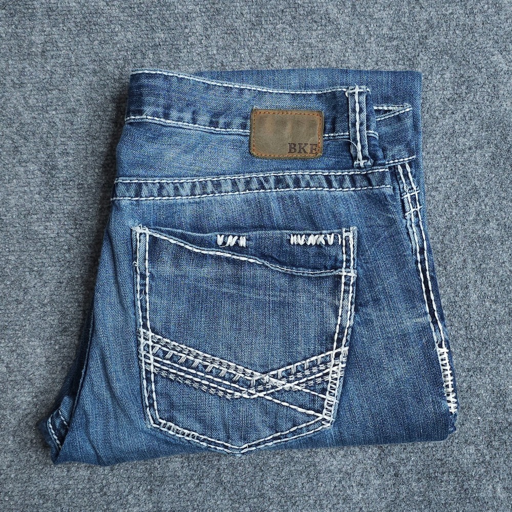 BKE Jake Straight Jeans Mens 34x33 Medium Wash Stretch Thick Stitch Buckle Denim